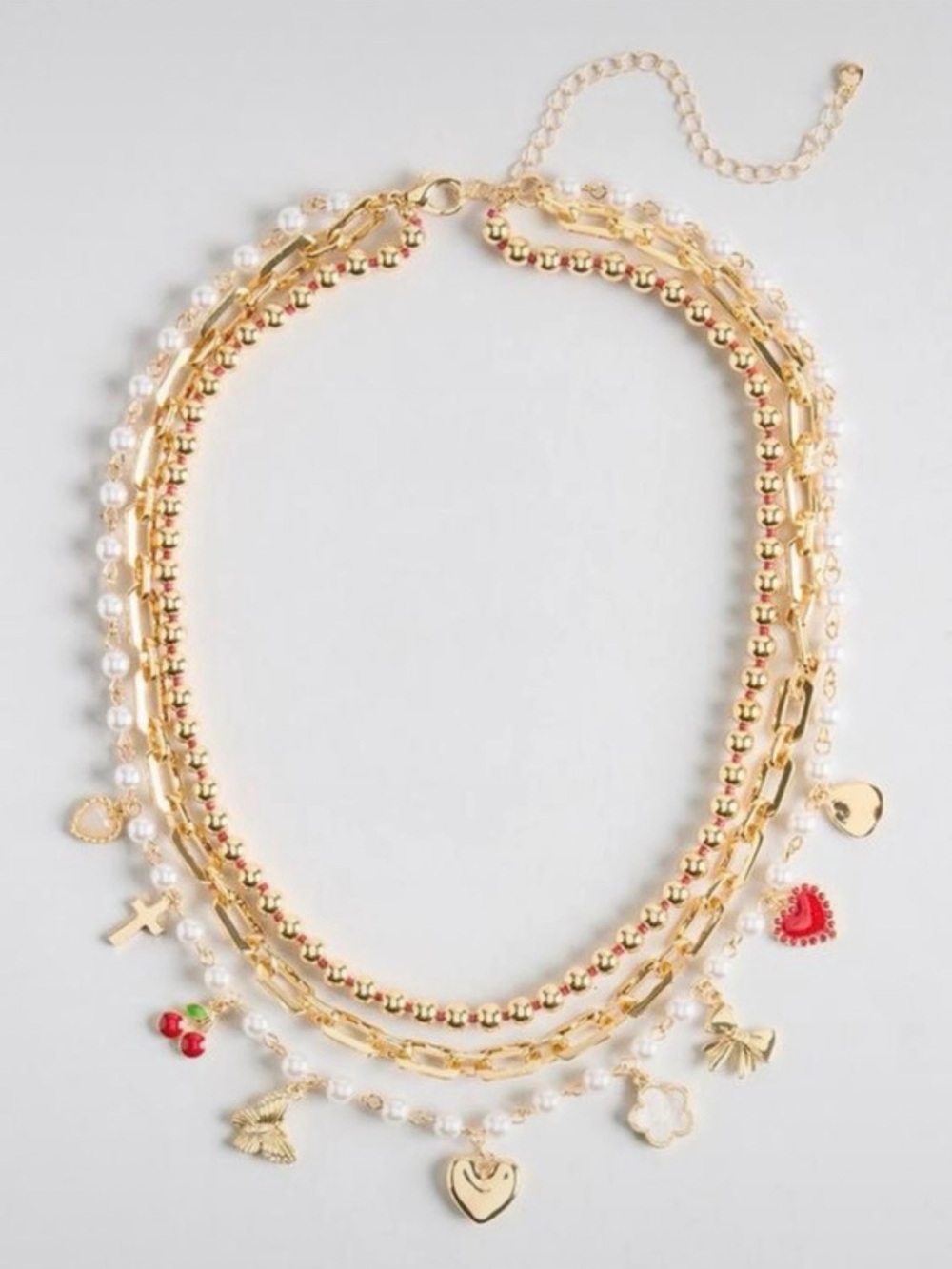 Gold Multi-Strand Charm Necklace with Red Accents